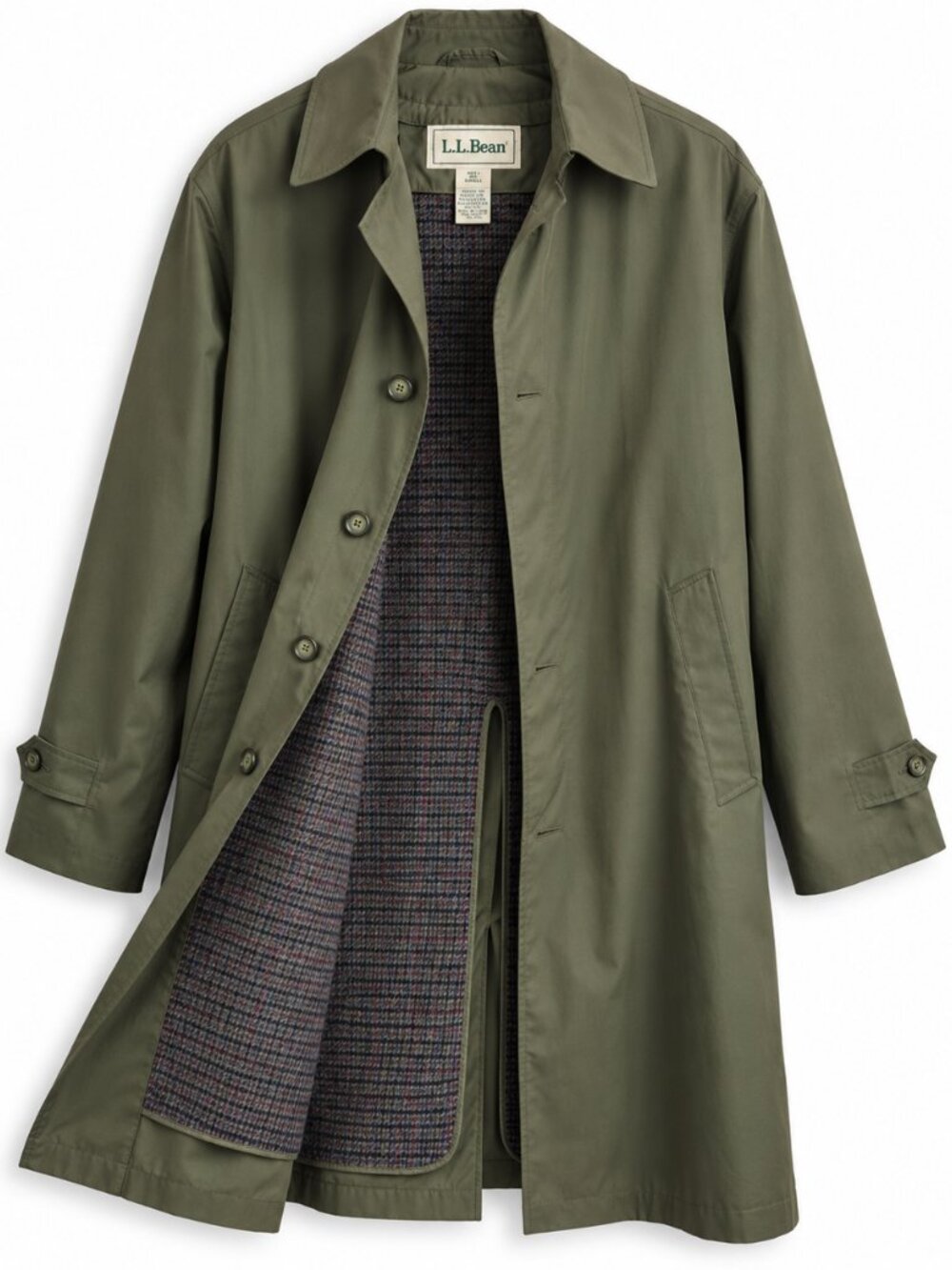 L.L.Bean Men's Small Olive Green Trench Coat Wool Lined Long Raincoat Vintage